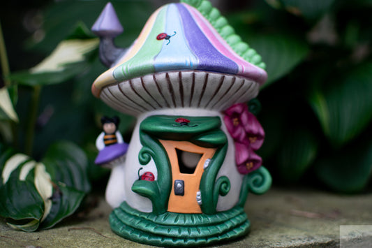 Enchanting Rainbow Ceramic Fairy Mushroom House: Garden Decor, Patio Accessory & Tea Light Holder