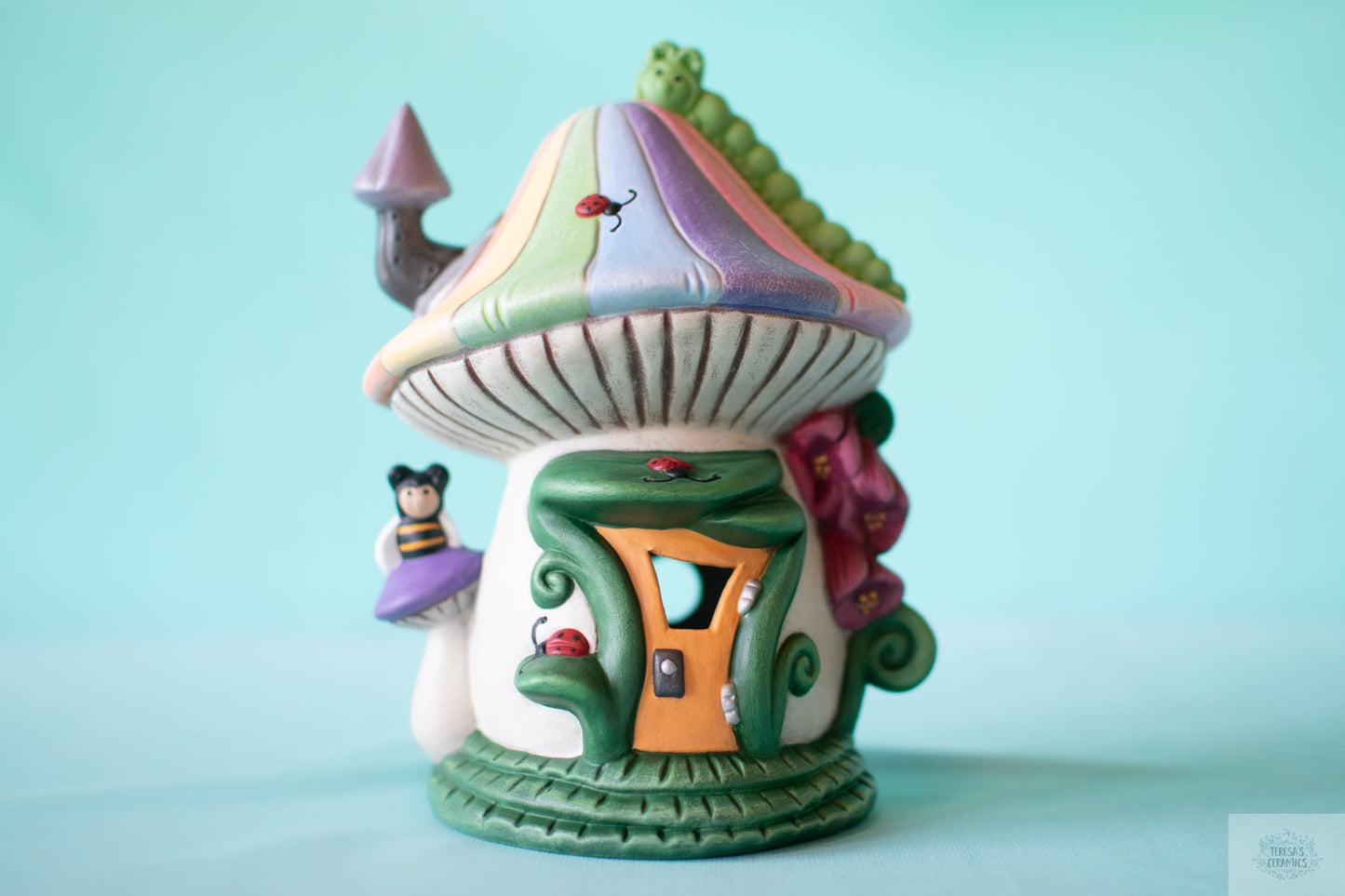 Enchanting Rainbow Ceramic Fairy Mushroom House: Garden Decor, Patio Accessory & Tea Light Holder
