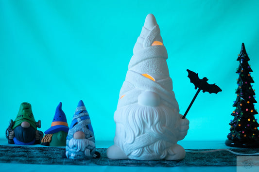 Large DIY Mummy Halloween Gnome Light - Ceramic Bisque Ready to Paint Handmade Autumn Decor Centerpiece - Teresa's Ceramics