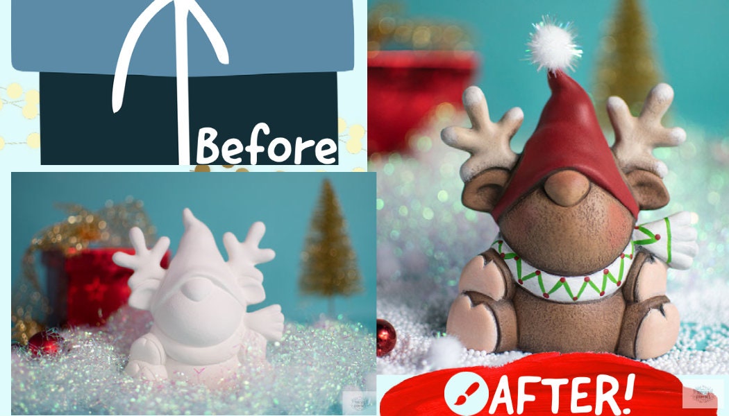 DIY Rudy Reindeer | Reindeer Gnome Ornament | Ready To Paint | Christmas Party Painting - Teresa's Ceramics