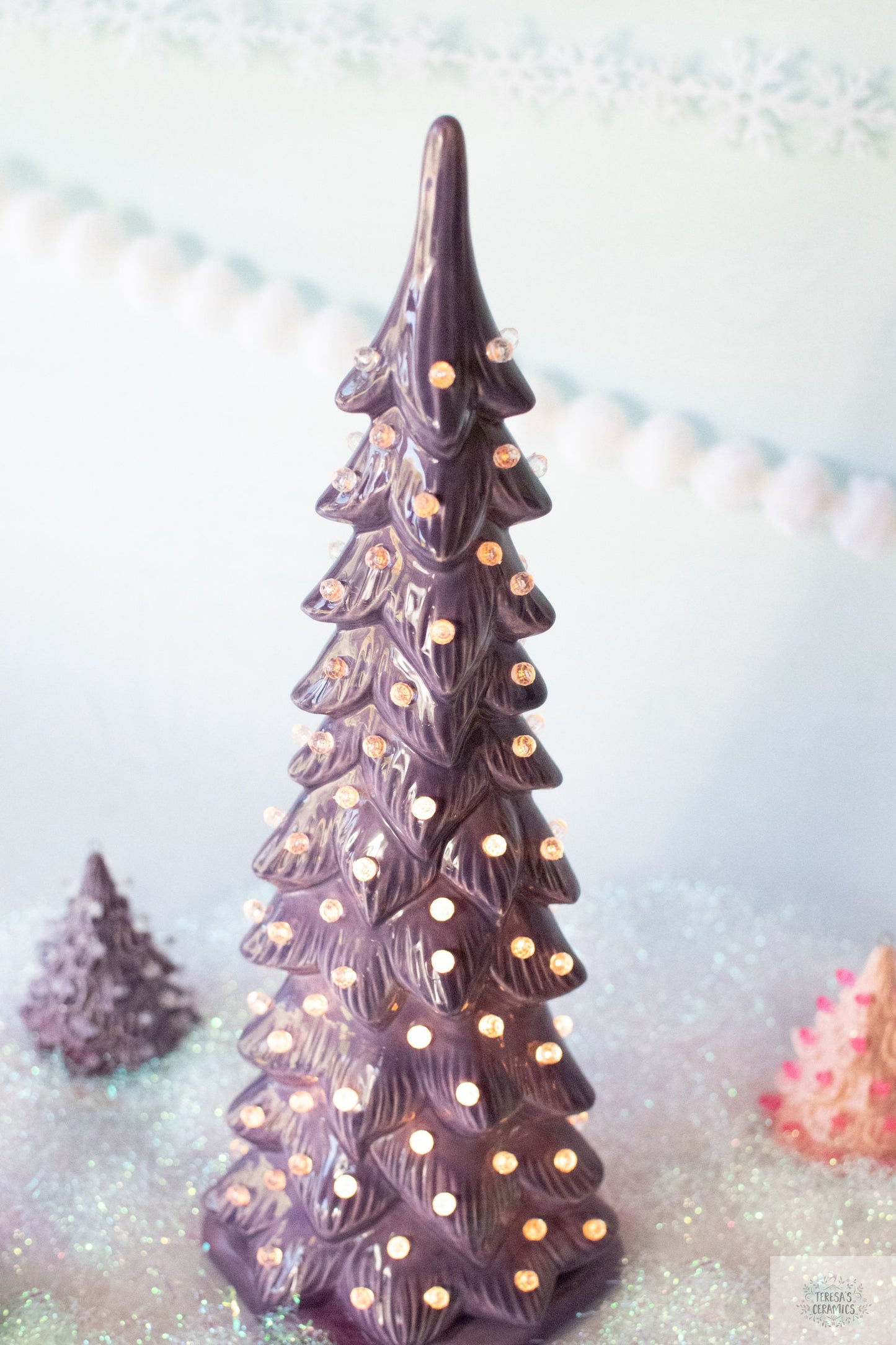 Contemporary Ceramic Wispy Pine Christmas Tree - Pink or Purple with Clear Lights for Holiday Decor