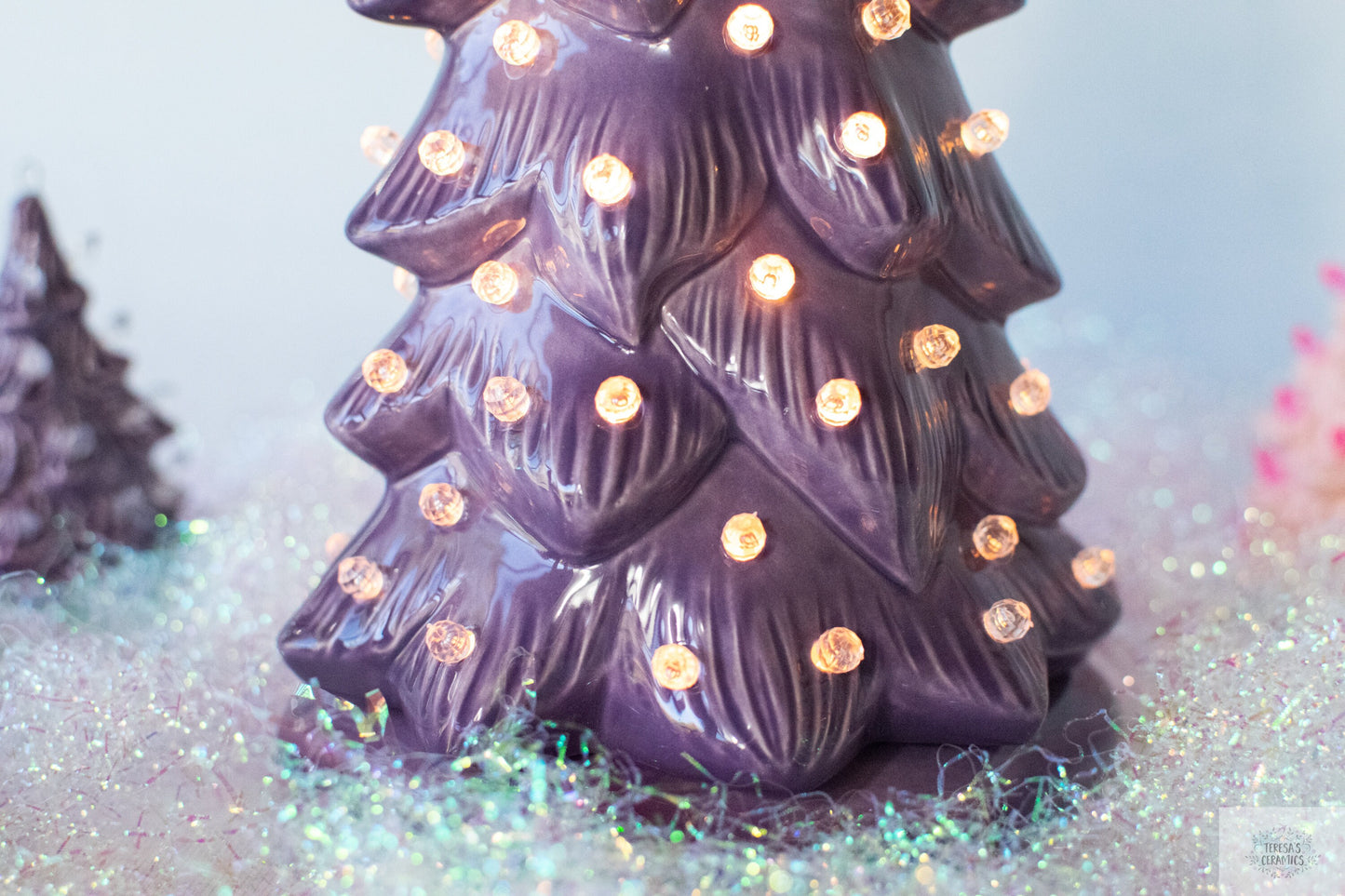 Contemporary Ceramic Wispy Pine Christmas Tree - Pink or Purple with Clear Lights for Holiday Decor