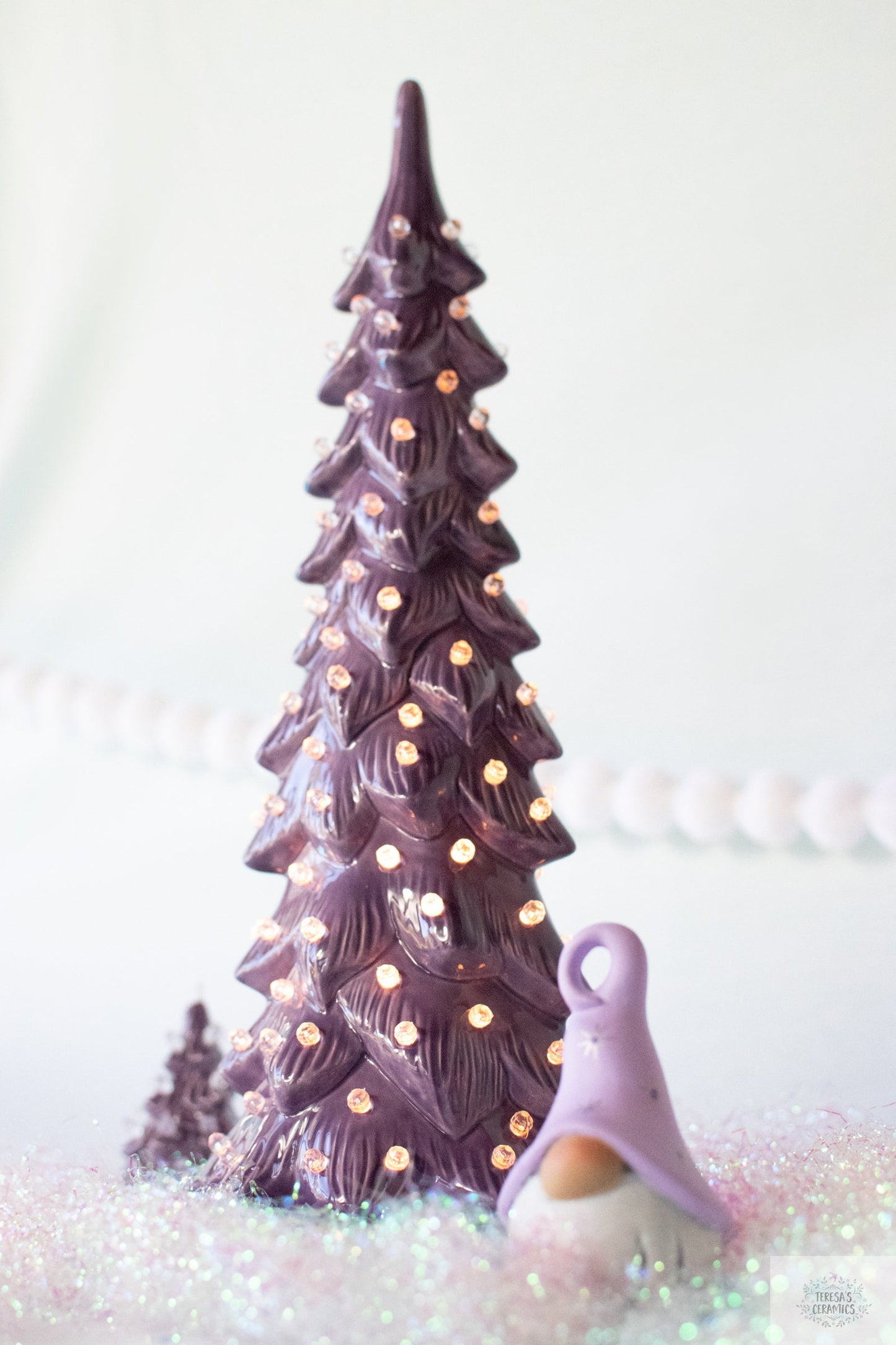 Contemporary Ceramic Wispy Pine Christmas Tree - Pink or Purple with Clear Lights for Holiday Decor