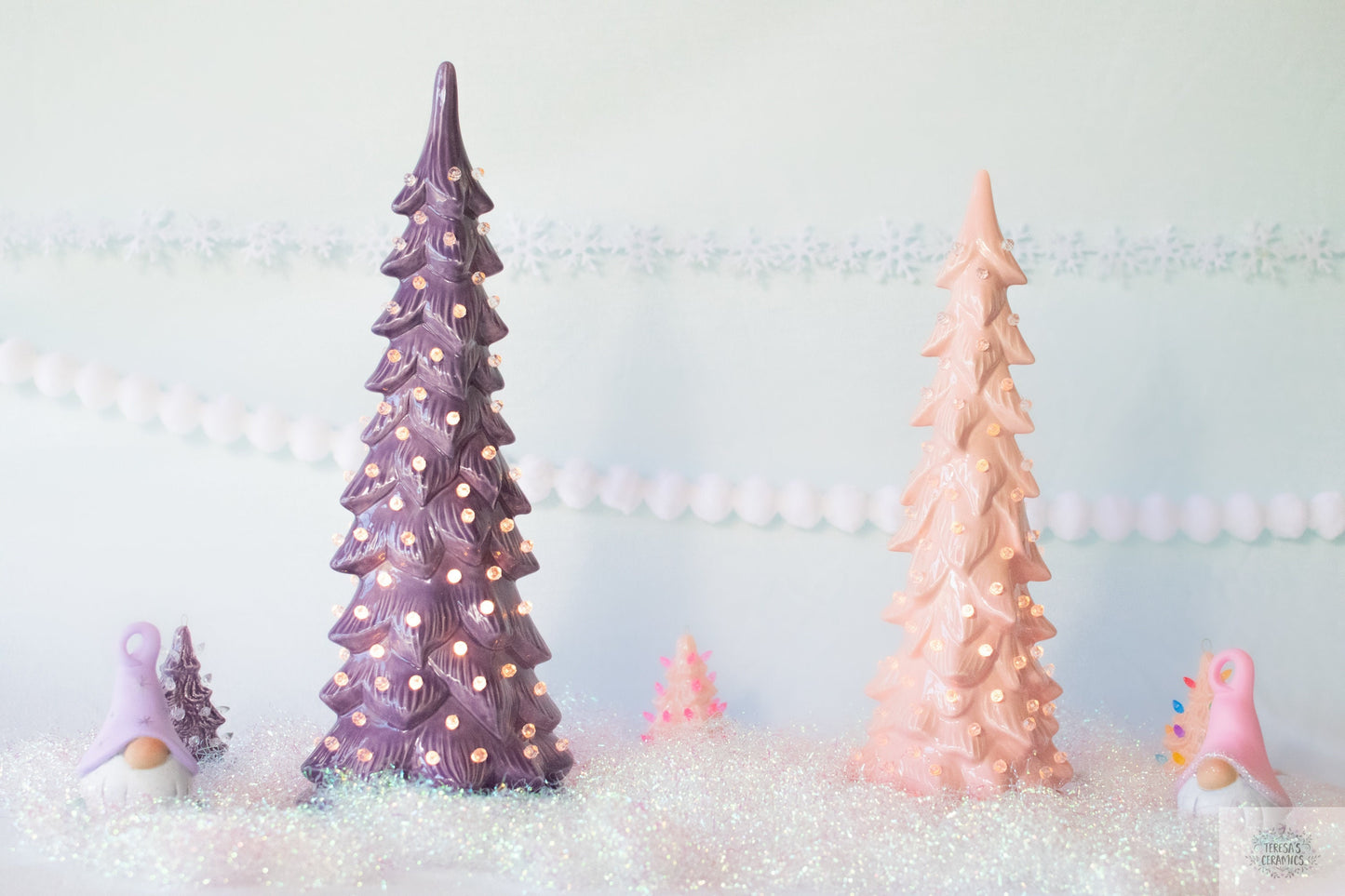 Contemporary Ceramic Wispy Pine Christmas Tree - Pink or Purple with Clear Lights for Holiday Decor