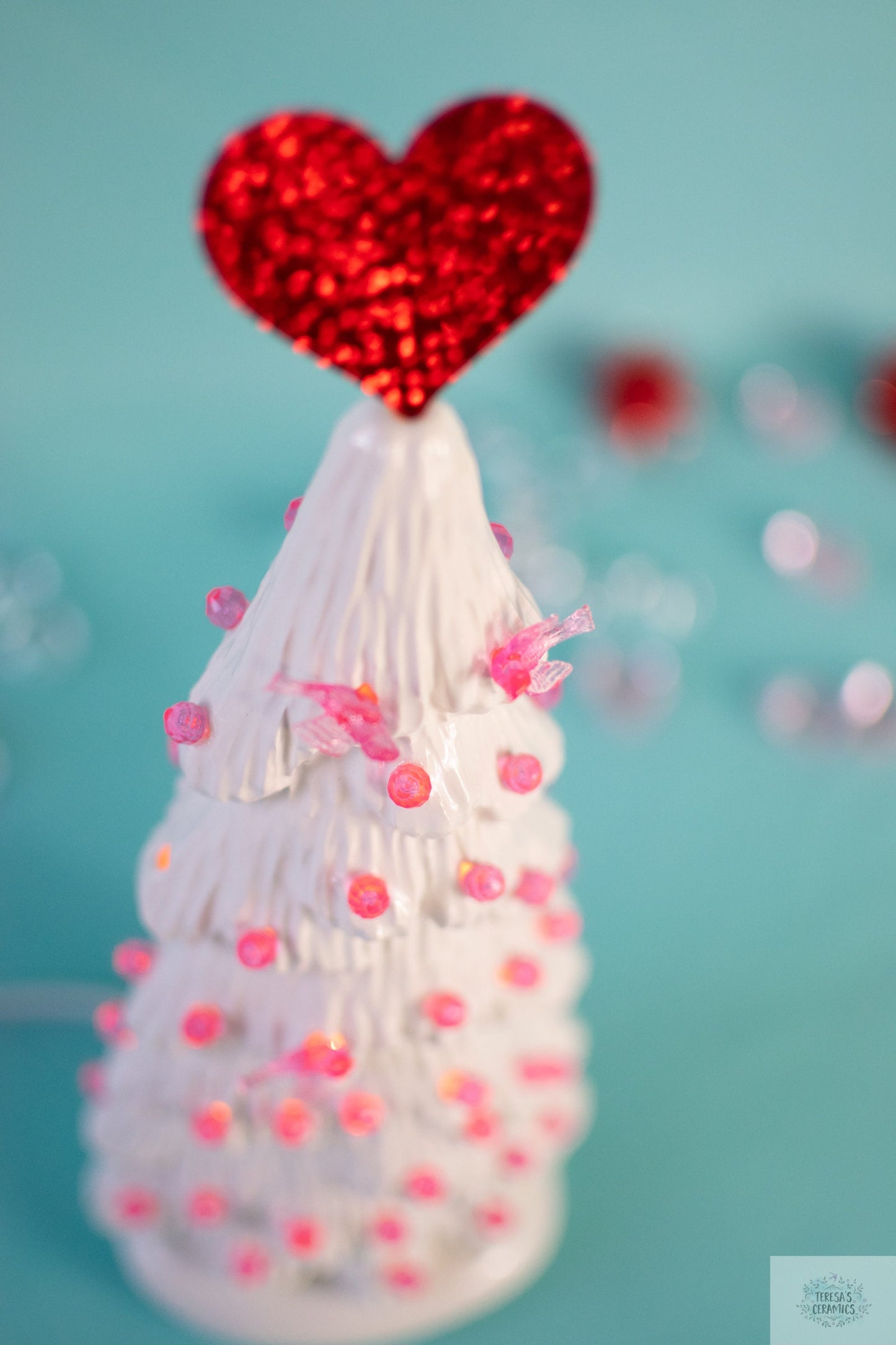 Ceramic White Tree | Cardinal Tree | Pink Bulb Ornaments | Valentine Tree