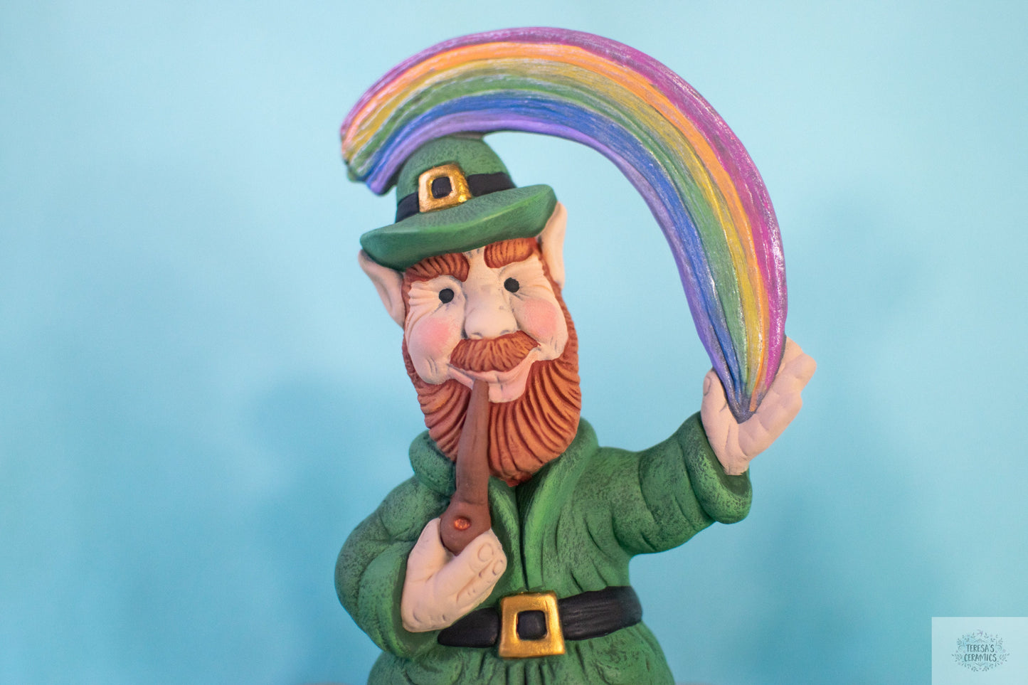 Leprechaun With Rainbow | St. Patrick's Day | Pipe Smoking Leprechaun | Vintage Ceramic Style - Teresa's Ceramics