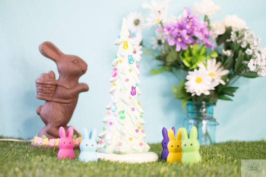 Handcrafted Mint Green Ceramic Easter Peep Tree with Multicolored Bunny Lights - Spring Holiday Decor