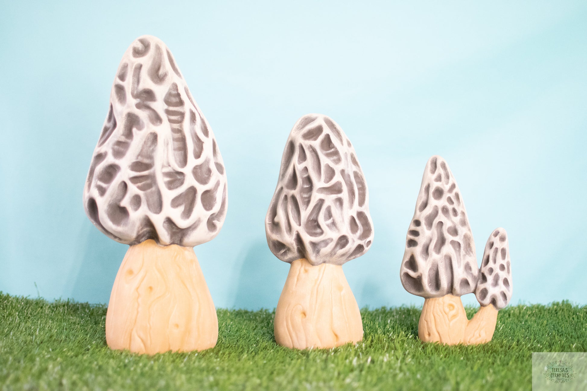 large set of ceramic morel mushroom sculptures