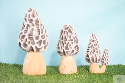 large set of ceramic morel mushroom sculptures