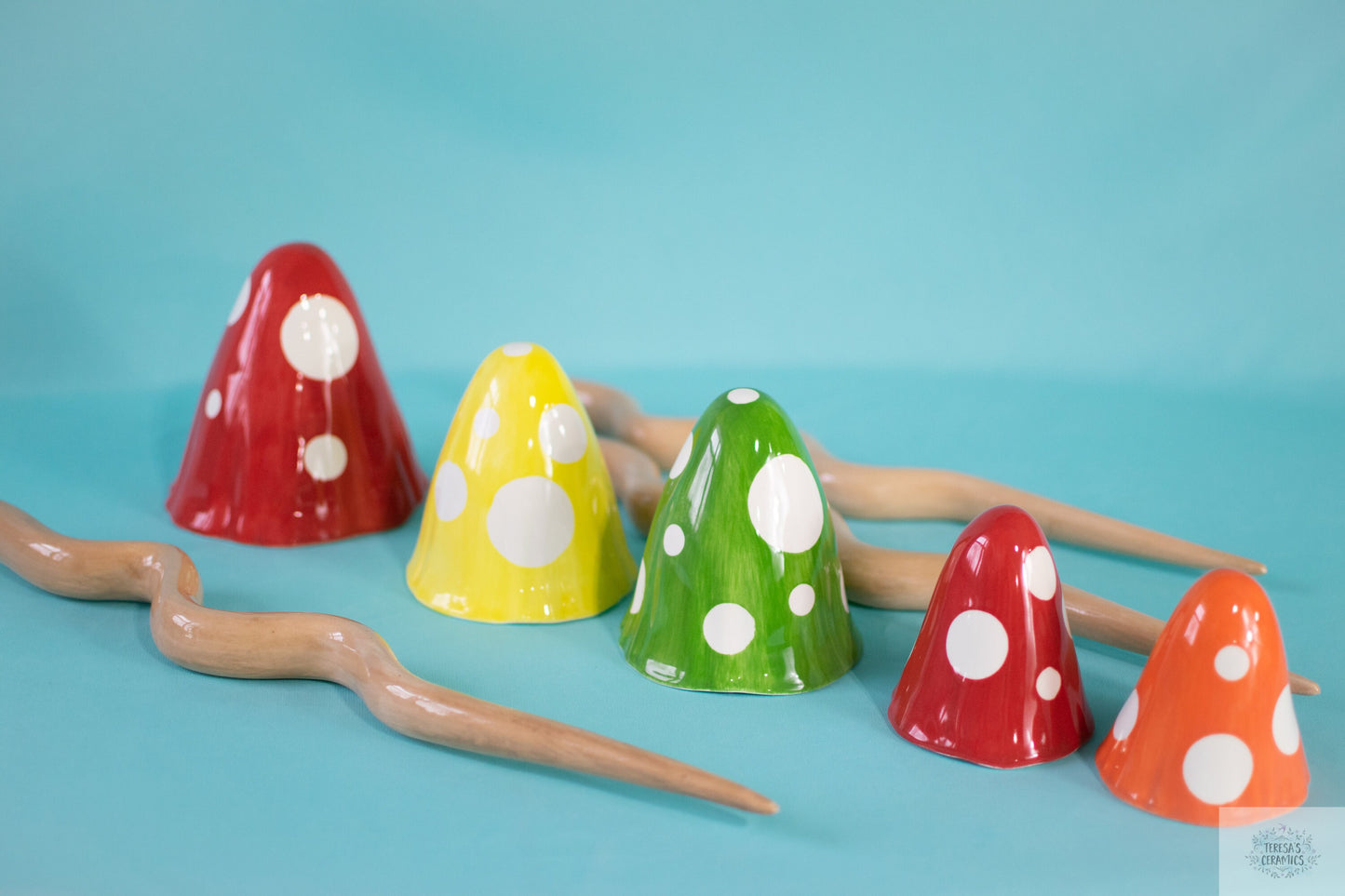 Polka Dot Mushrooms | Tall Mushroom Chimes | Ceramic Garden Mushrooms | 16" Tall Mushrooms