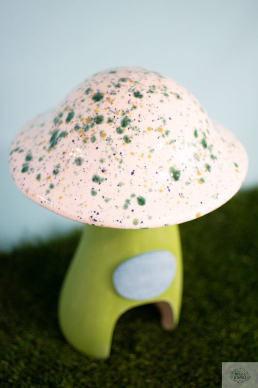 Toadstool Ceramic Mushroom  | Large Garden Statue | Speckled Green Fungi | Glazed Ceramic Art | Frog House | Yard Art | Magic Mushroom Art