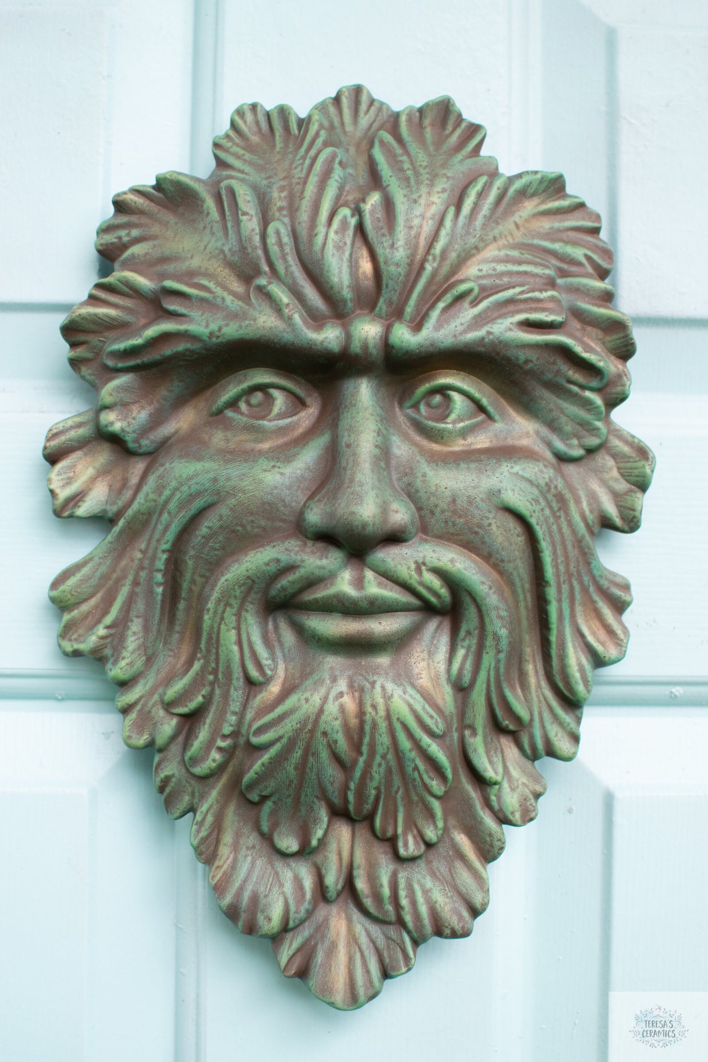 Ceramic Green Man Garden Plaque: Boho Summer Door Hanger, Patio Wall Art & Outdoor Fence Decor