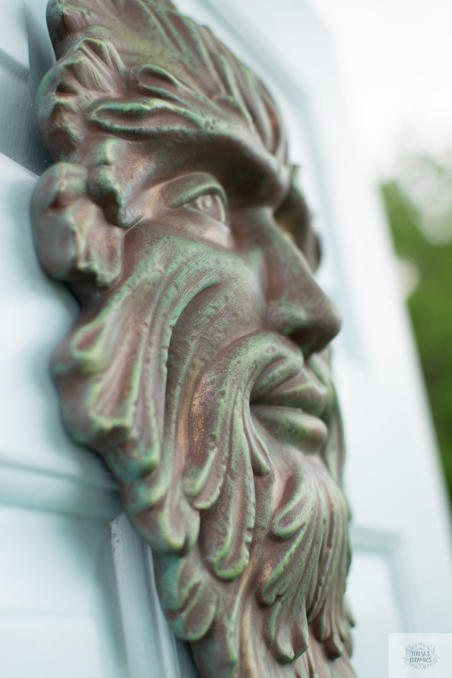 Ceramic Green Man Garden Plaque: Boho Summer Door Hanger, Patio Wall Art & Outdoor Fence Decor