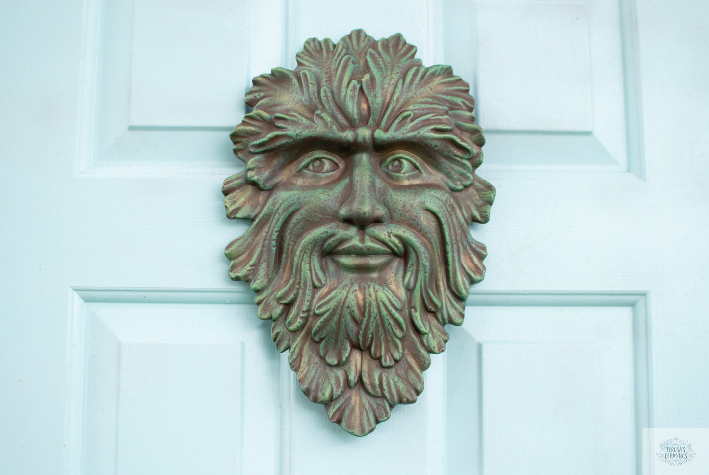 Ceramic Green Man Garden Plaque: Boho Summer Door Hanger, Patio Wall Art & Outdoor Fence Decor