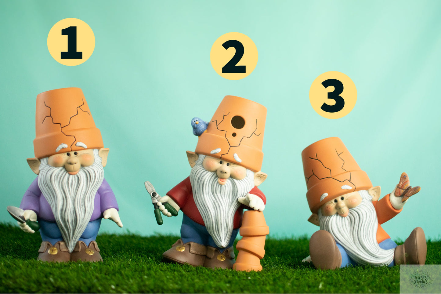 Large Crockpot Gnomes | Set of Three | Garden Gnome Brothers - Teresa's Ceramics