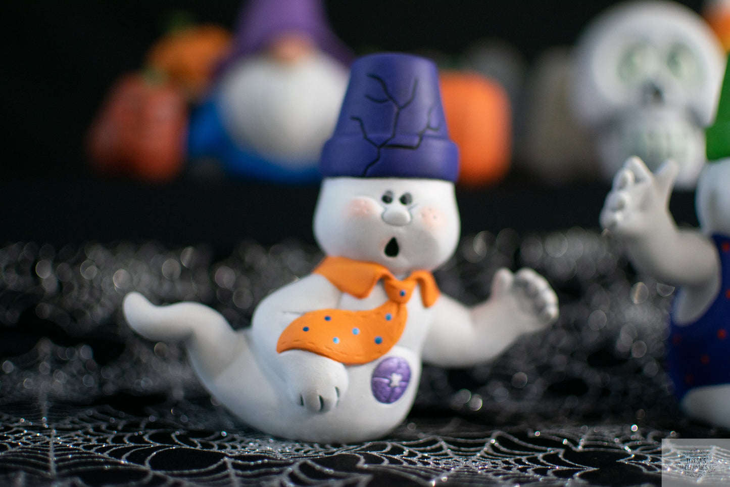 Whimsical Ceramic Ghost Trio: Terracotta Garden Statues, Indoor Decor & Halloween Cake Toppers