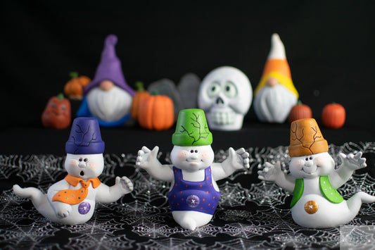 Whimsical Ceramic Ghost Trio: Terracotta Garden Statues, Indoor Decor & Halloween Cake Toppers