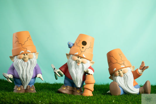 Large Crockpot Gnomes | Set of Three | Garden Gnome Brothers - Teresa's Ceramics