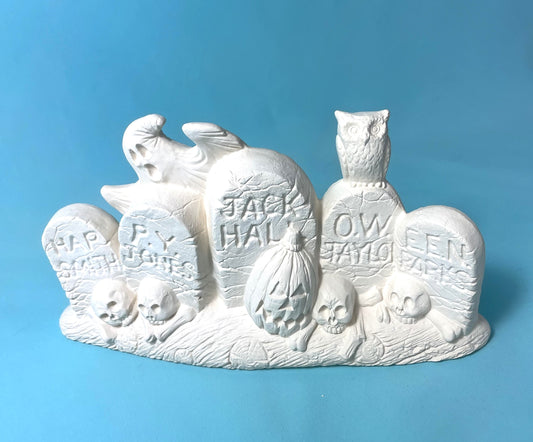 Headstones in a row - Bisque Headstones - Do it yourself Painting Project - Tombstones to paint - Halloween Décor - Halloween decoration - Teresa's Ceramics