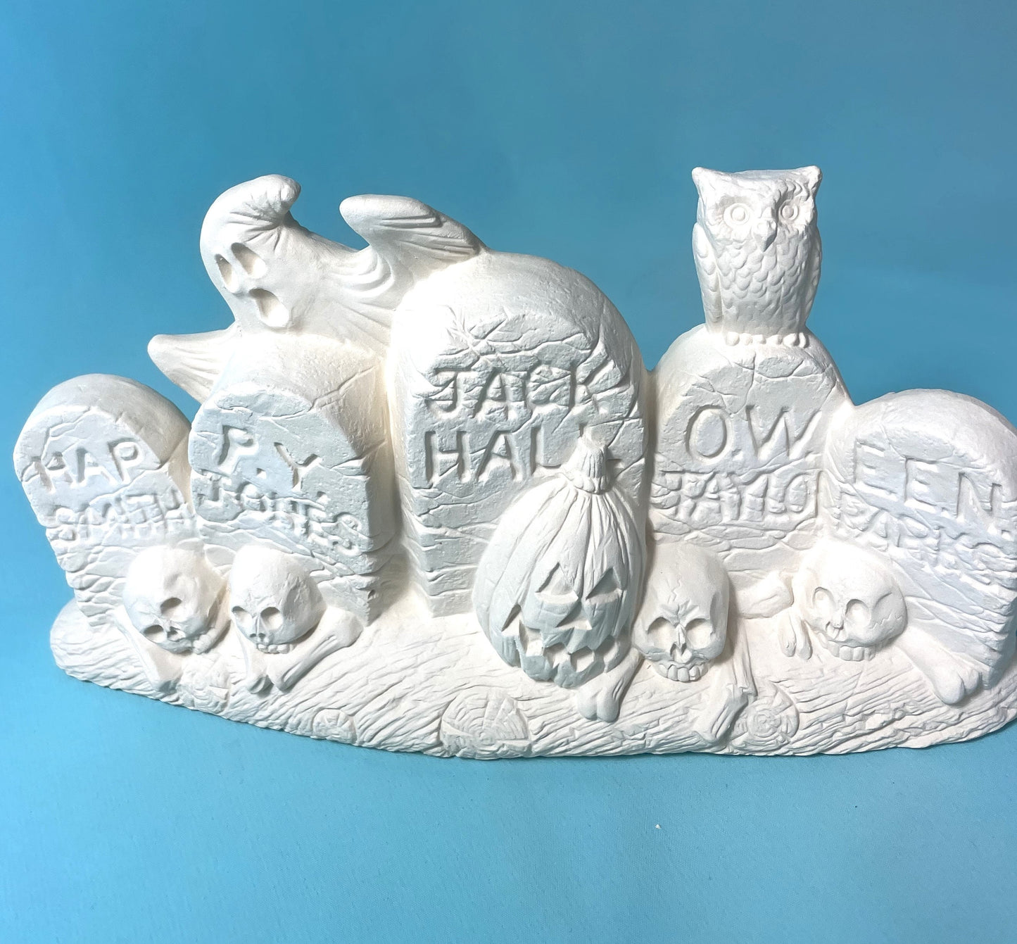 Headstones in a row - Bisque Headstones - Do it yourself Painting Project - Tombstones to paint - Halloween Décor - Halloween decoration - Teresa's Ceramics