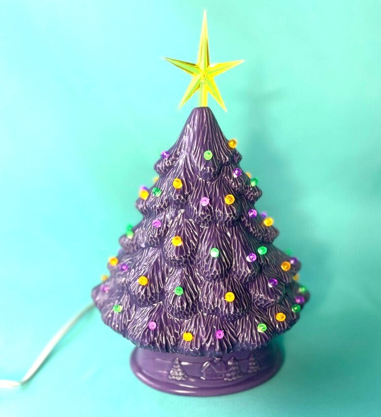 Mardi Gras Tree | Ceramic Christmas tree | Décor for Mardi Gras | Purple Gold and Green Tree - Teresa's Ceramics