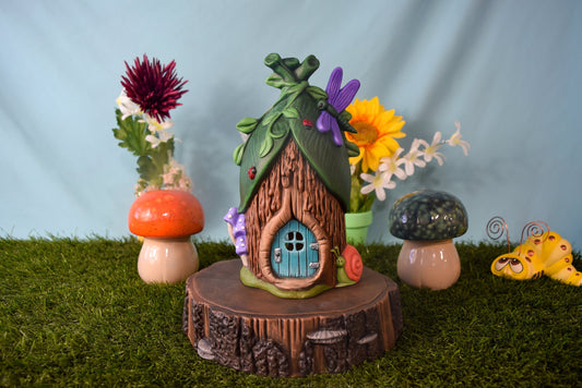 Handmade Ceramic Fairy House | Dragonfly Chalet | Faerie home | Fairy Garden | Tea Light Holder | Handmade Miniature Fairy Home