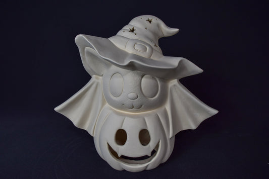 Unpainted Ceramic Witch Hat Bat on Light-Up Jack-o-Lantern: DIY Halloween Craft & Tree Topper