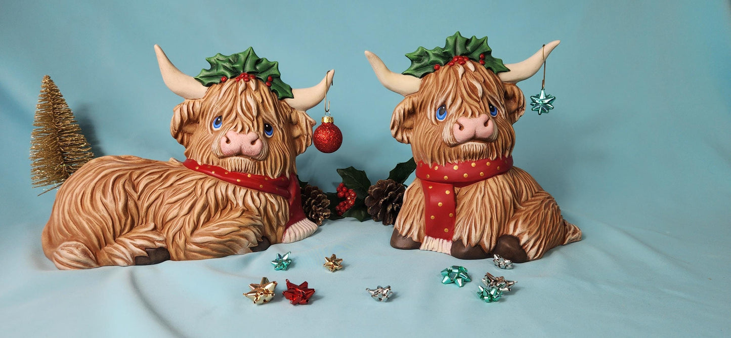 Highland Christmas Cows Ceramic Figurines: Unpainted Bisque Scottish Cattle Ornaments for DIY Crafts