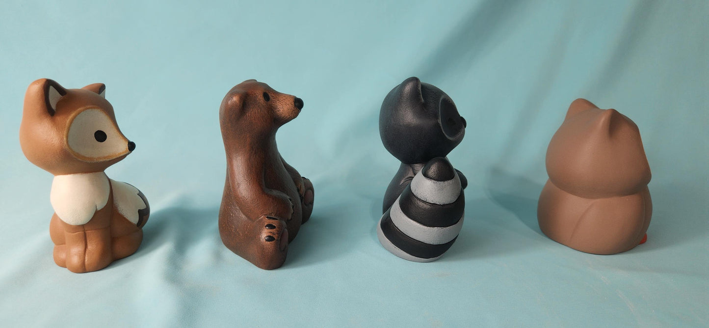 Ceramic Woodland Animal Set: Owl, Fox, Raccoon, Bear - Nursery Decor, Baby Shower Gift, Forest Creatures
