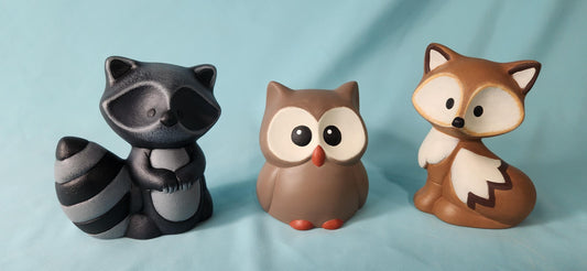 Set of three Ceramic Woodland animals - Baby Owl - Baby Fox - Baby Raccoon - Teresa's Ceramics
