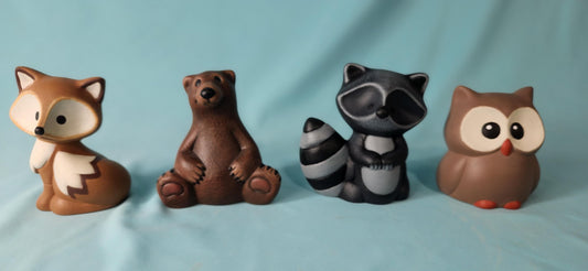 Ceramic Woodland Animal Set: Owl, Fox, Raccoon, Bear - Nursery Decor, Baby Shower Gift, Forest Creatures