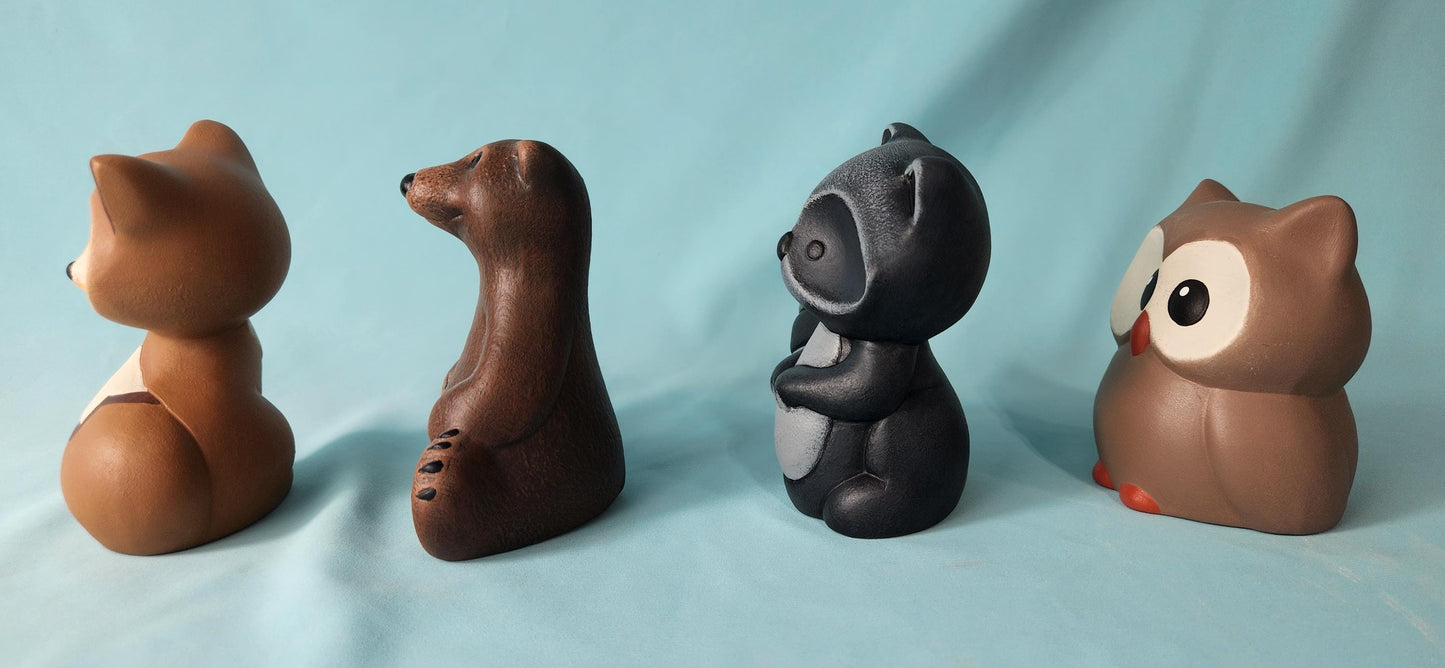 Ceramic Woodland Animal Set: Owl, Fox, Raccoon, Bear - Nursery Decor, Baby Shower Gift, Forest Creatures