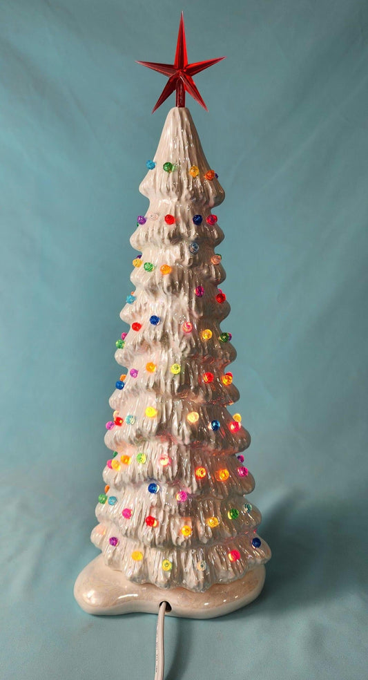 Slim White Mother of Pearl Ceramic Christmas Tree | 13 inches Lights Up | Free Shipping |Multicolor Lights | One of a Kind - Teresa's Ceramics