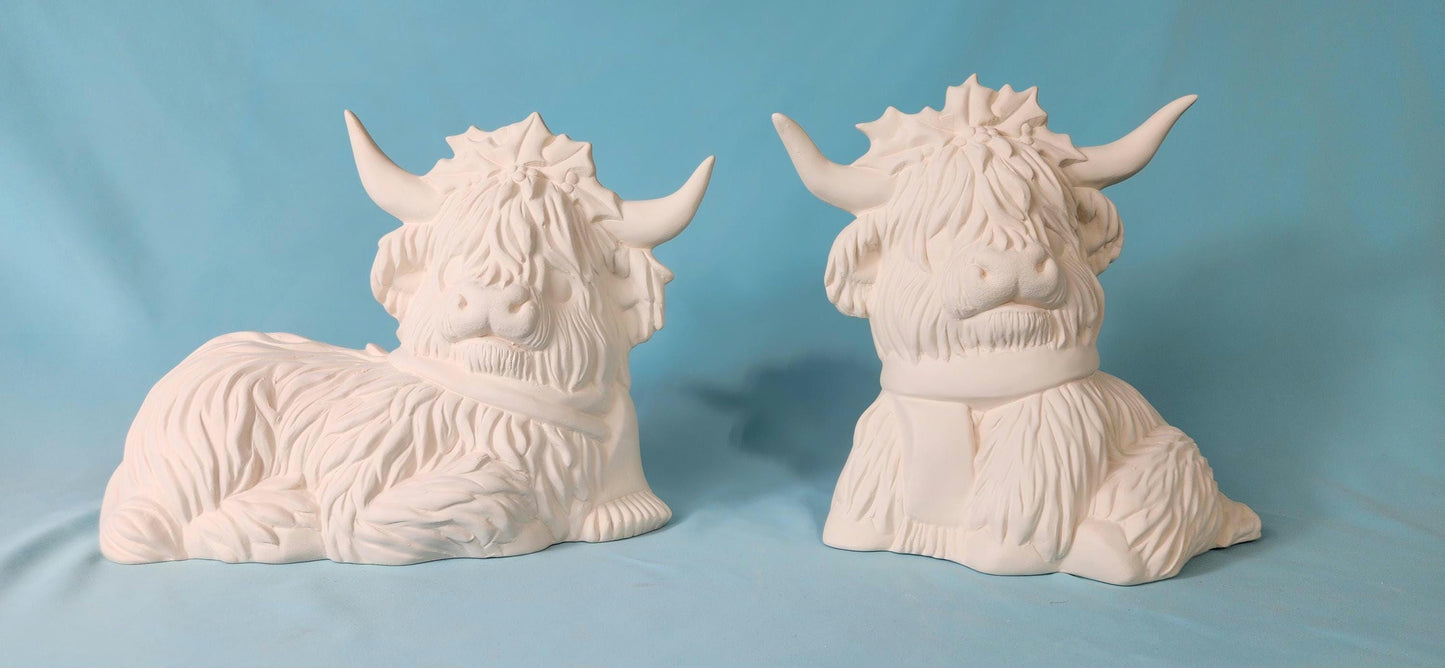 Highland Christmas Cows Ceramic Figurines: Unpainted Bisque Scottish Cattle Ornaments for DIY Crafts