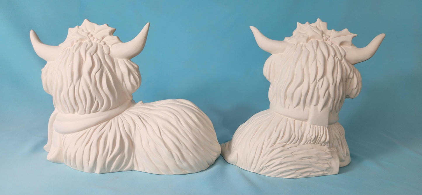 Highland Christmas Cows Ceramic Figurines: Unpainted Bisque Scottish Cattle Ornaments for DIY Crafts