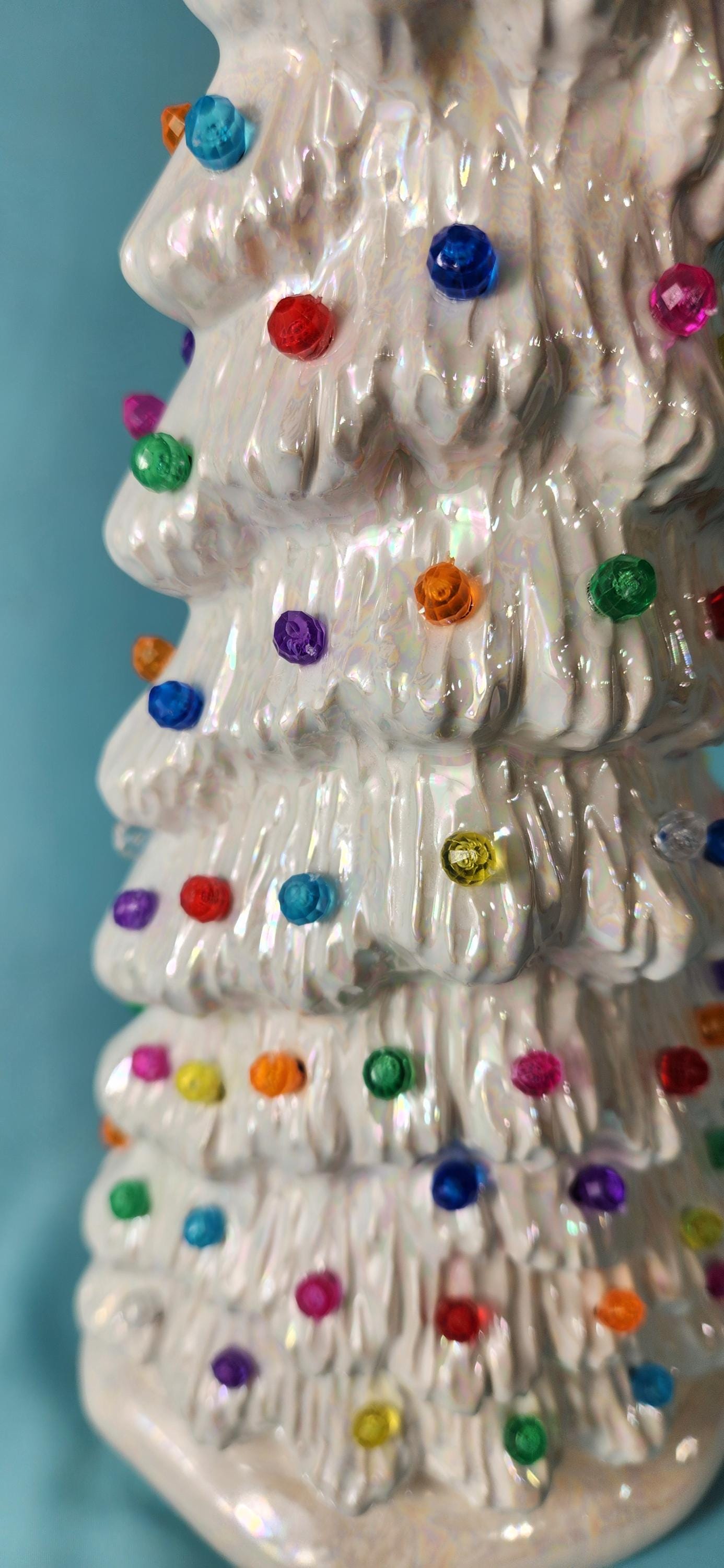 Slim White Mother of Pearl Ceramic Christmas Tree | 13 inches Lights Up | Free Shipping |Multicolor Lights | One of a Kind