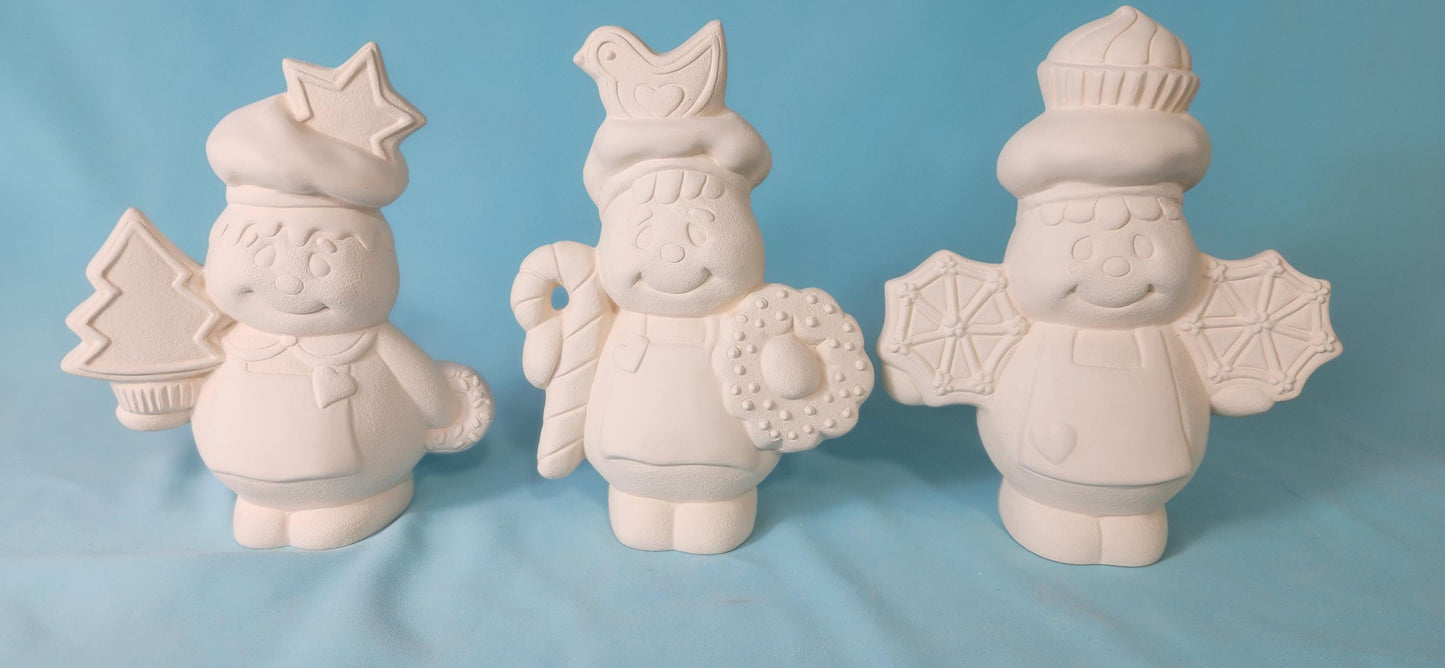 Set of 3 Bisque (Unpainted) Christmas Gingerbread Bakers | Holiday Home Decor | Gingerbread Cookie People - Teresa's Ceramics