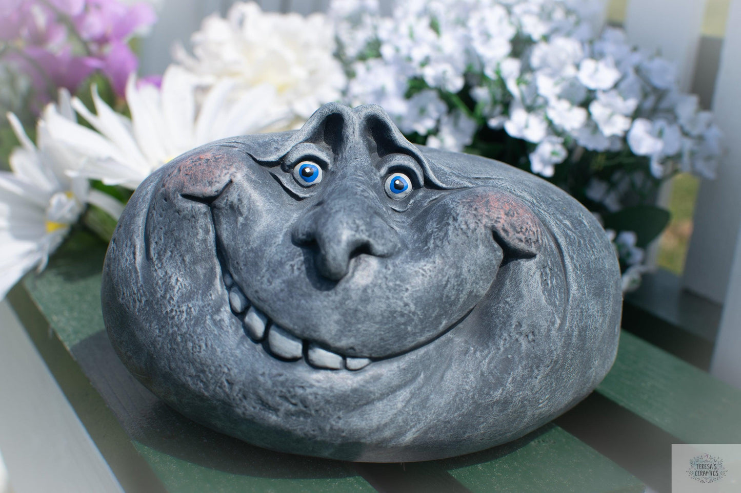 Beady The Rock | Goofy Garden Stone | Yard Art Stone | Garden Bed Decor | Handmade - Teresa's Ceramics