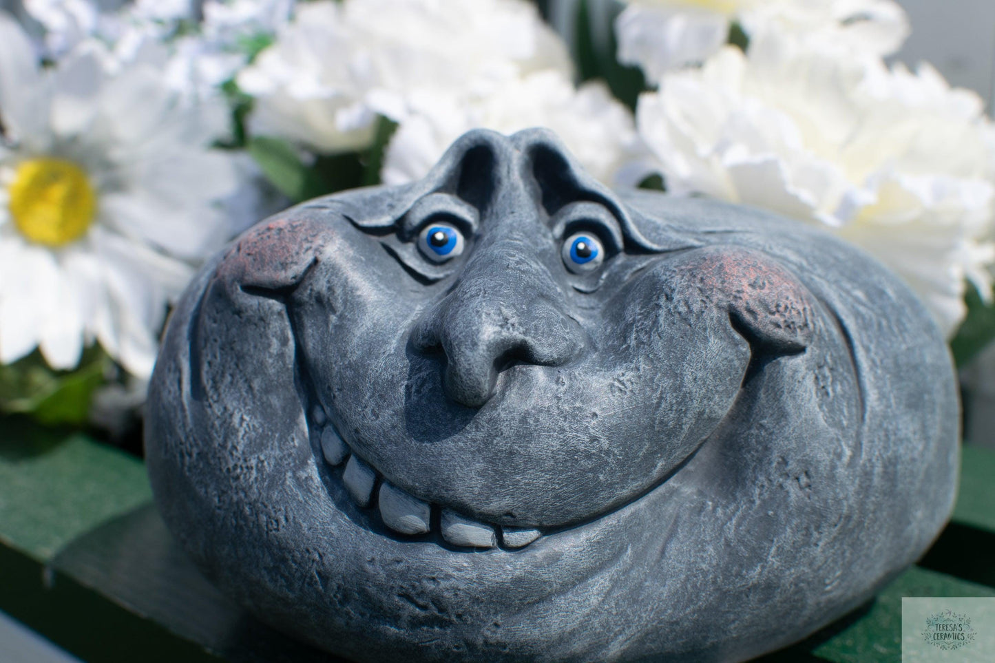 Beady The Rock | Goofy Garden Stone | Yard Art Stone | Garden Bed Decor | Handmade - Teresa's Ceramics
