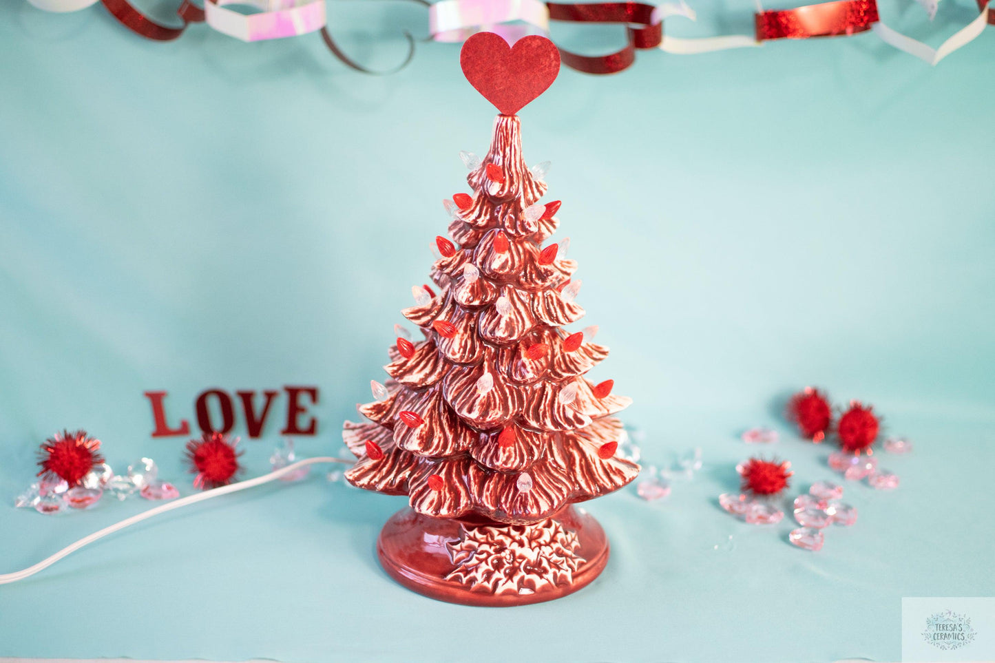 Valentine Tree | Ceramic Tree Light | Red Striped Tree - Teresa's Ceramics
