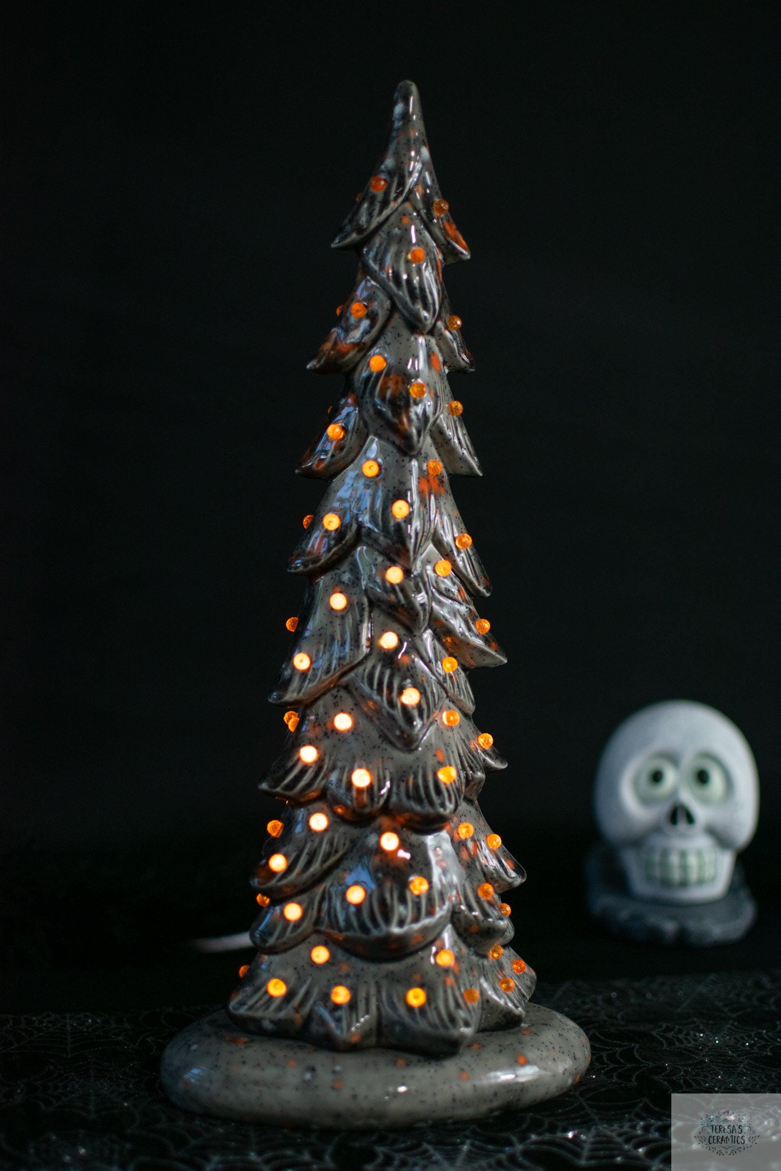 Harvest Ceramic Tree | Fall Night Light | Glazed Gray Wispy Pine | Halloween Tree Light - Teresa's Ceramics