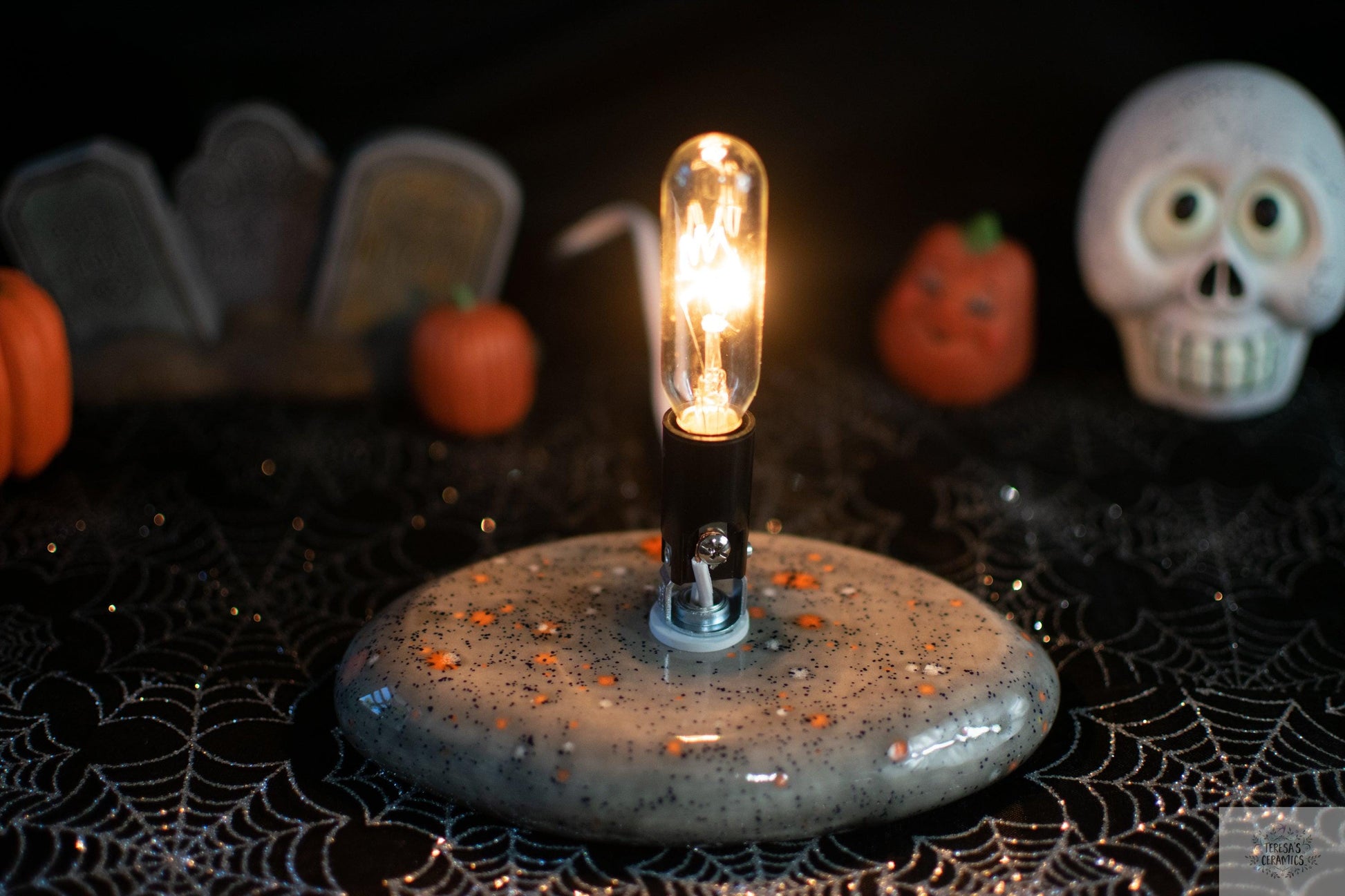 Harvest Ceramic Tree | Fall Night Light | Glazed Gray Wispy Pine | Halloween Tree Light - Teresa's Ceramics