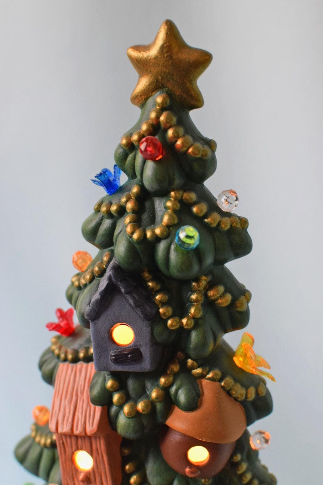 Ceramic Christmas Tree | Birdhouse Style | 12" Height | Lights Up! - Teresa's Ceramics