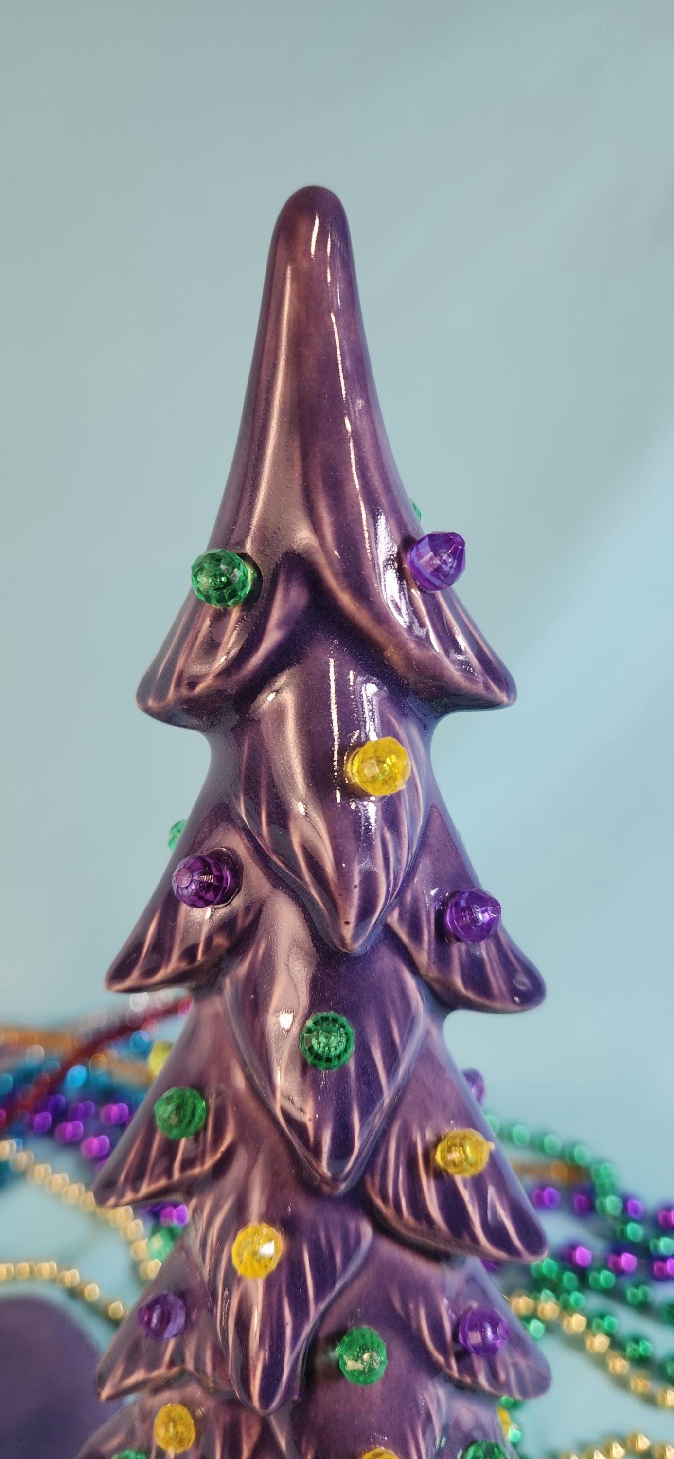 Mardis Gras Themed Ceramic Lighted Tree | Beautiful Wispy Style Pine | 3 Different Sizes - Teresa's Ceramics