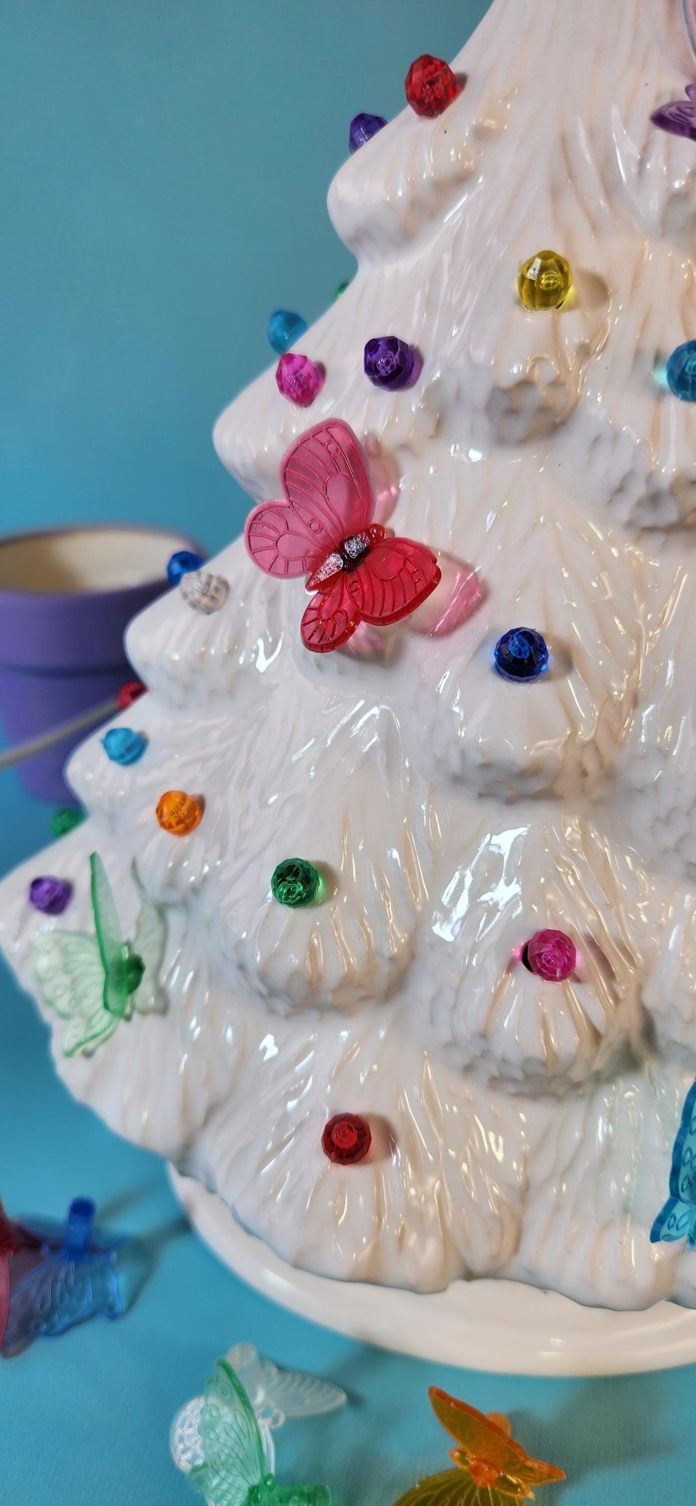 Elegant White Glazed Ceramic Butterfly Tree - Handmade Nightlight for Home Decor