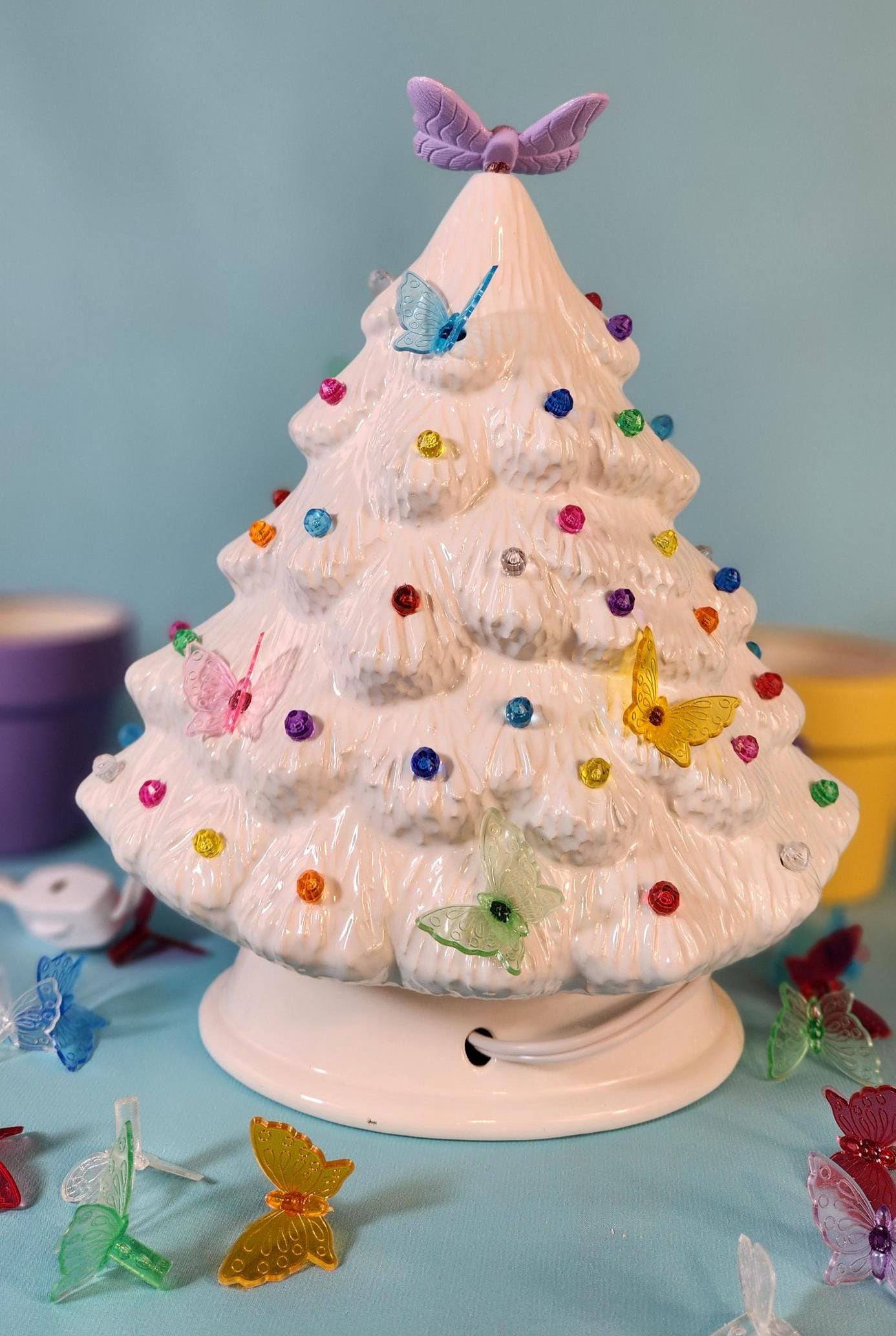 Elegant White Glazed Ceramic Butterfly Tree - Handmade Nightlight for Home Decor