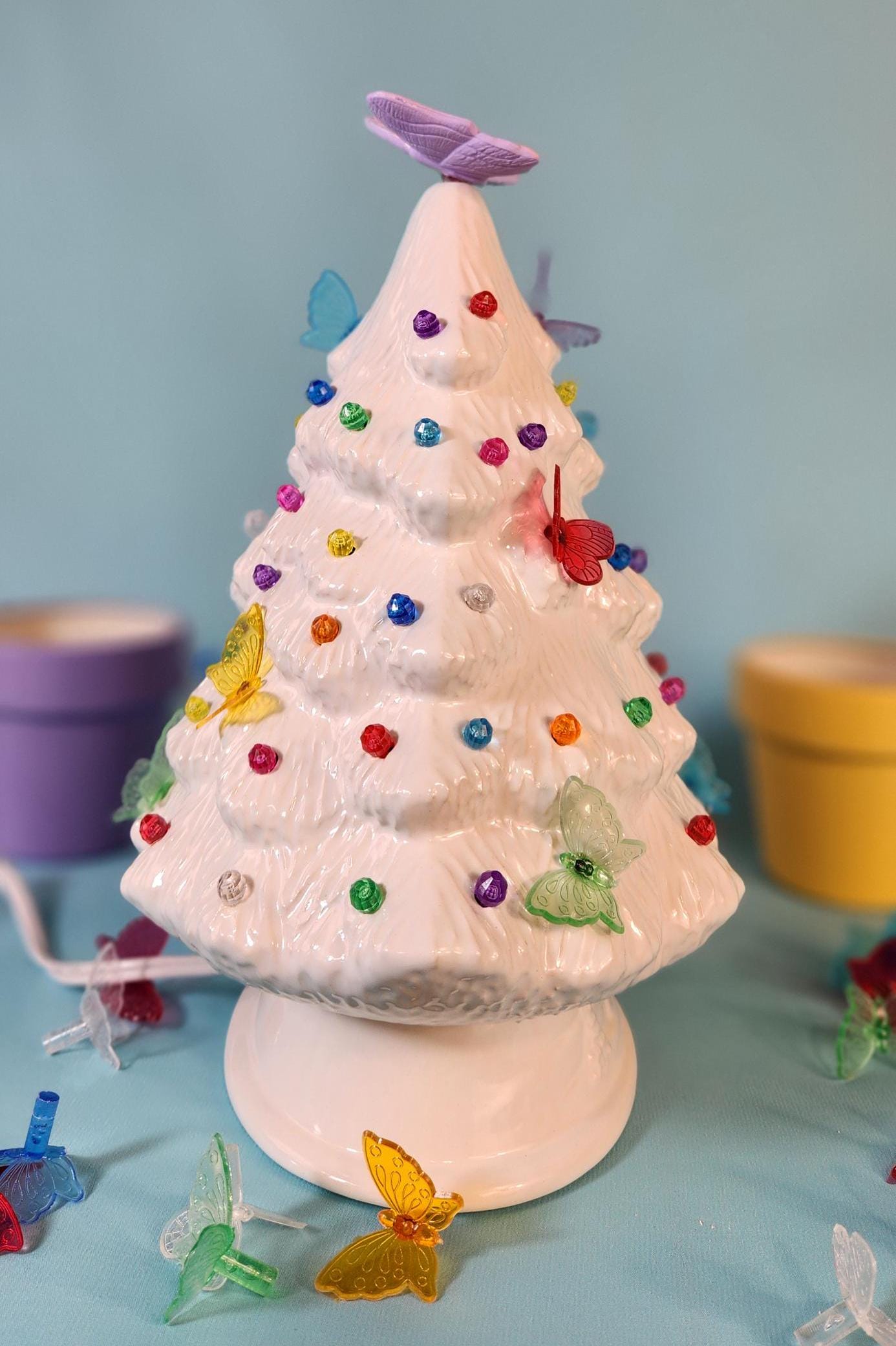 Elegant White Glazed Ceramic Butterfly Tree - Handmade Nightlight for Home Decor