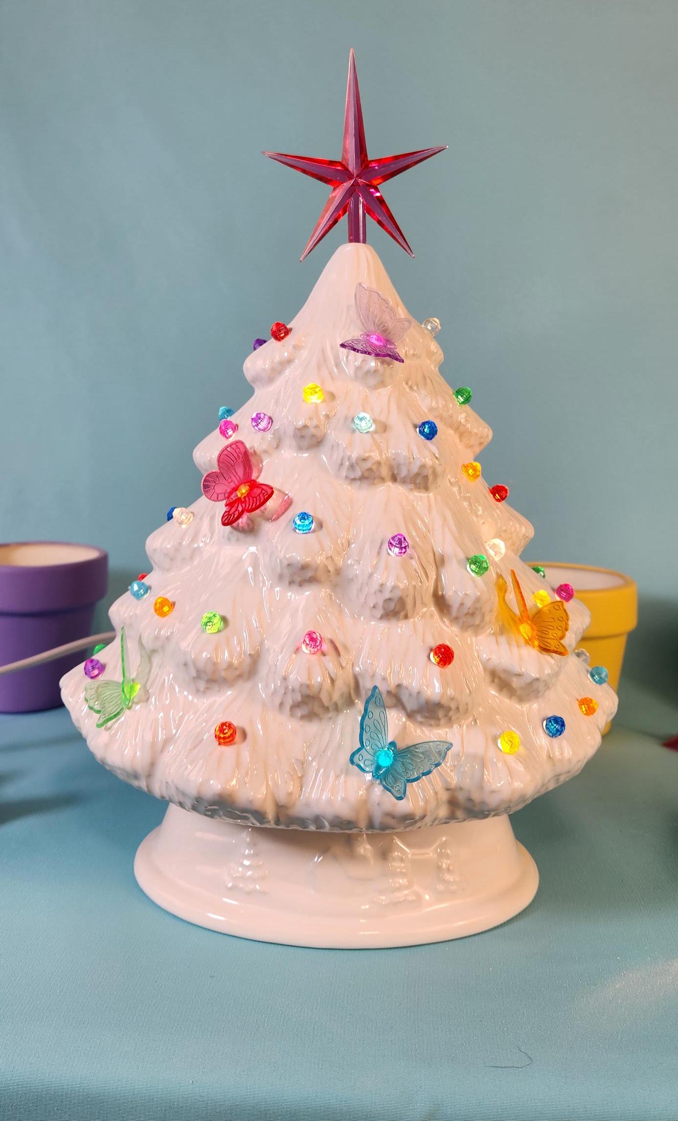 Elegant White Glazed Ceramic Butterfly Tree - Handmade Nightlight for Home Decor