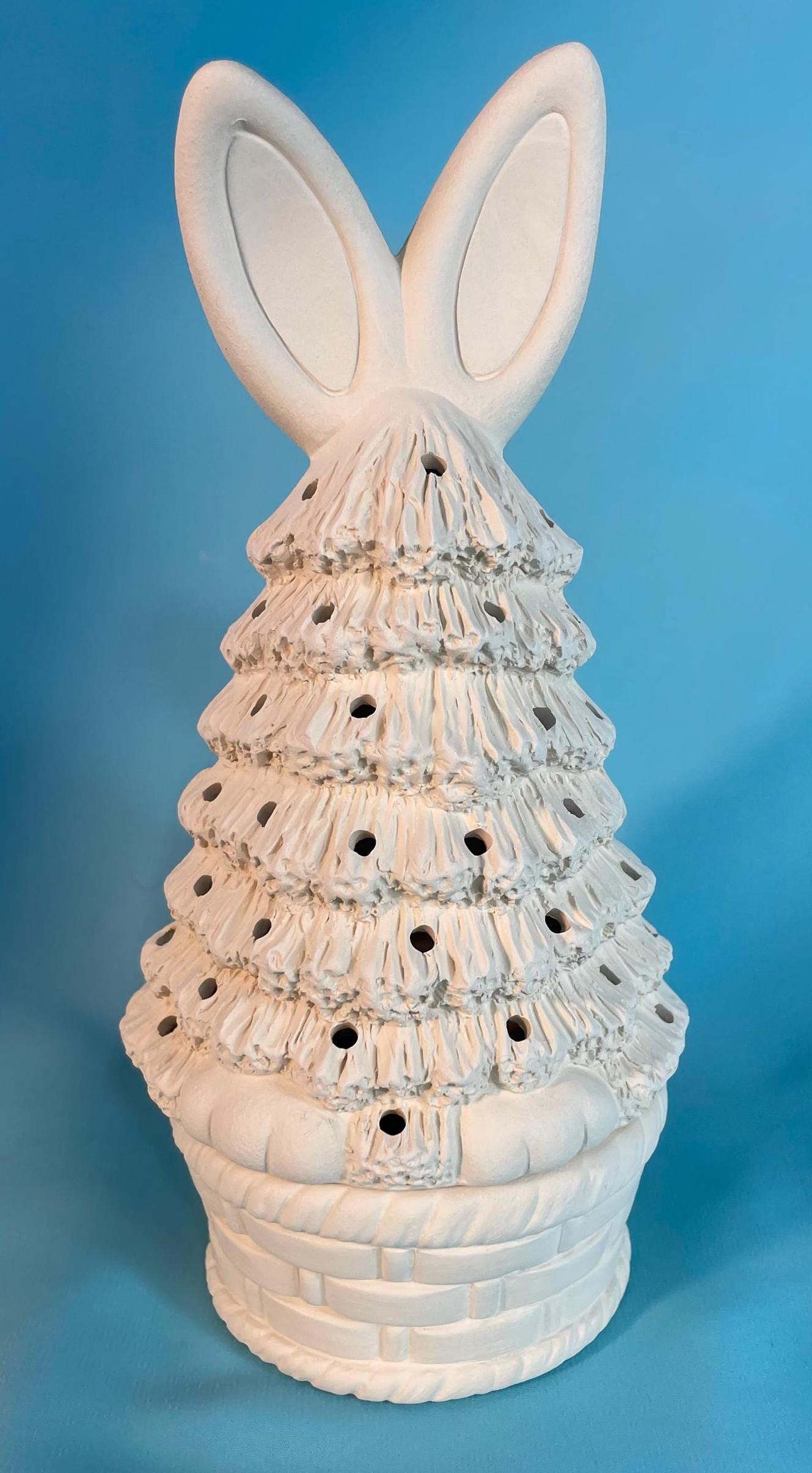Unpainted Small Ceramic Easter Bunny Illuminated Tree with Basket Base - DIY Bisque Light-Up Decor