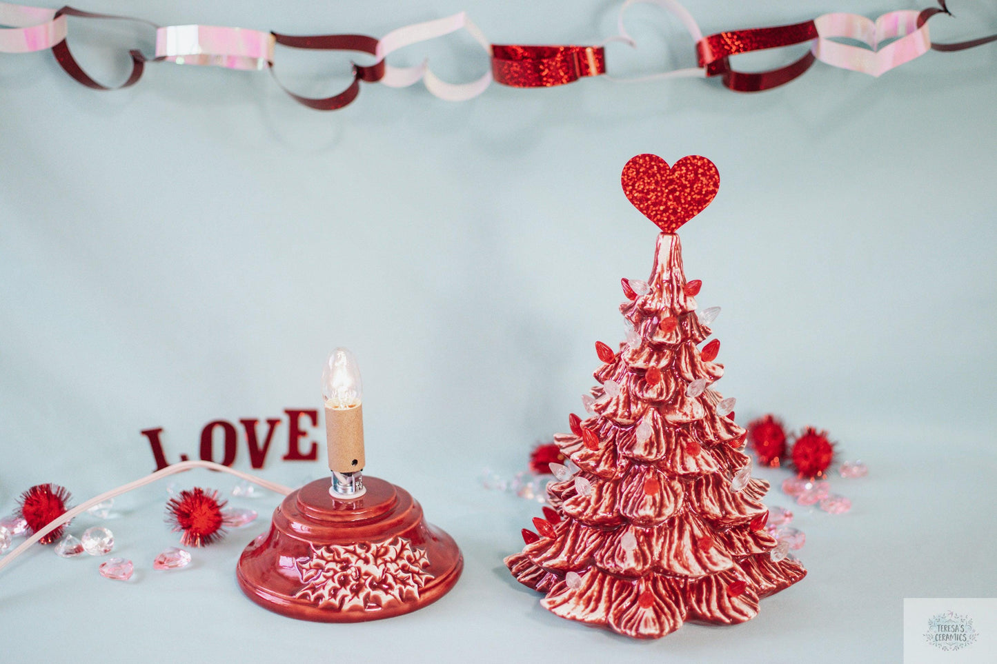 Valentine Tree | Ceramic Tree Light | Red Striped Tree - Teresa's Ceramics
